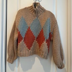 Cowl Neck Argyle Chunky Knit Sweater - Beige with Blue & Rust